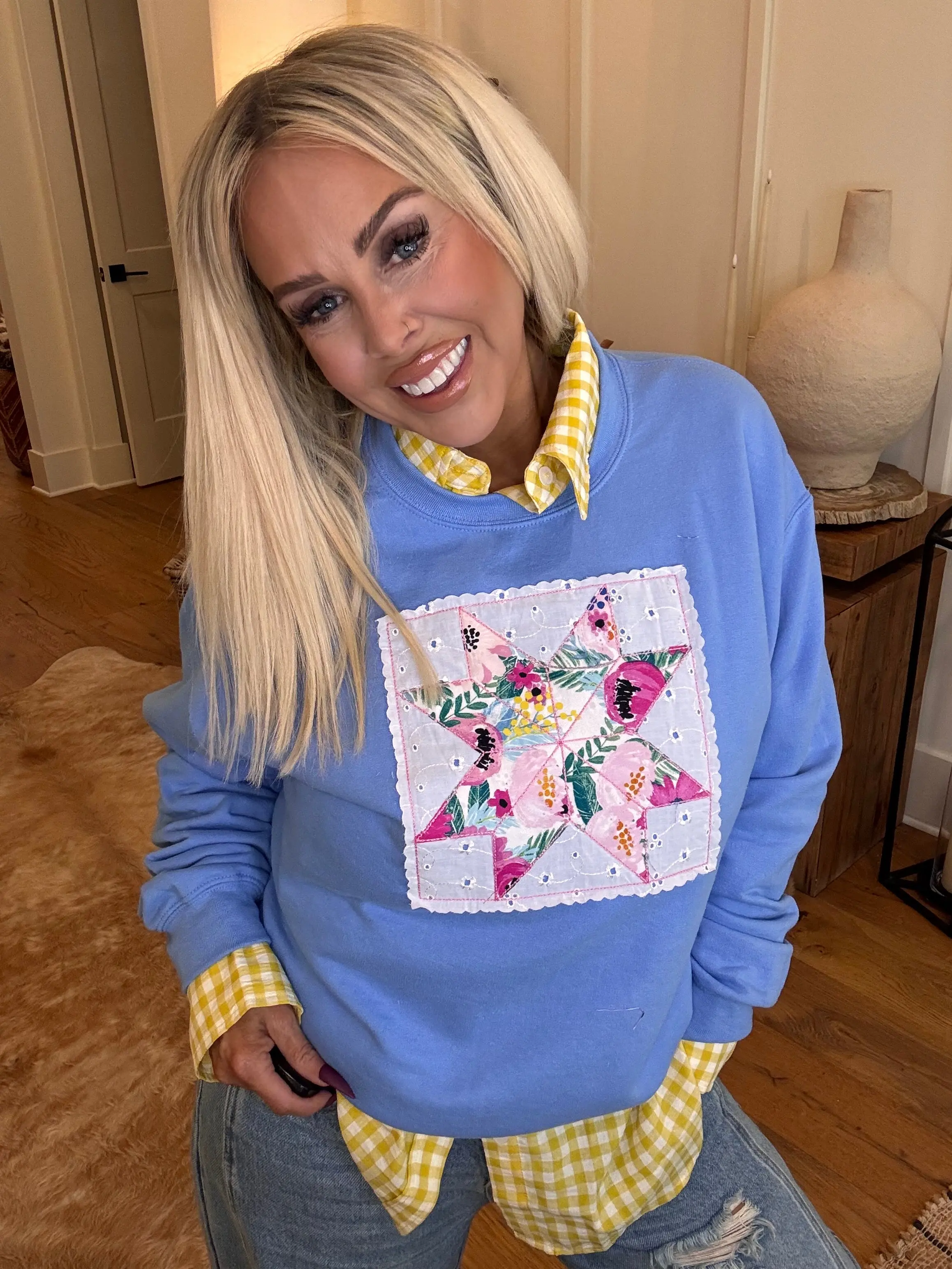 Floral Quilt Patchwork Embroidery Crewneck