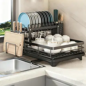 Dish Drying Rack 2-Tier Auto Draining Dish Drying Rack for Kitchen Counter & Sink - Large Capacity Detachable Stainless Steel Organizer with Drainboard & Utensil Holder (Black),Chaos Coordinator Gifts