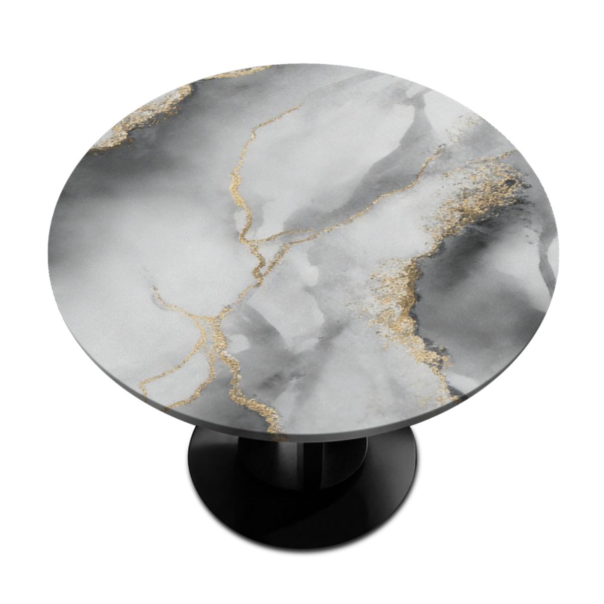 Elastic Stretch Spandex Grey White Gold Vein Marble Fitted Round Tablecloth - Wrinkle-Resistant, Stain-Resistant, Waterproof Golden Kintsugi Print Table Protector for Coffee Side Tables, Modern Minimalist Home Decor