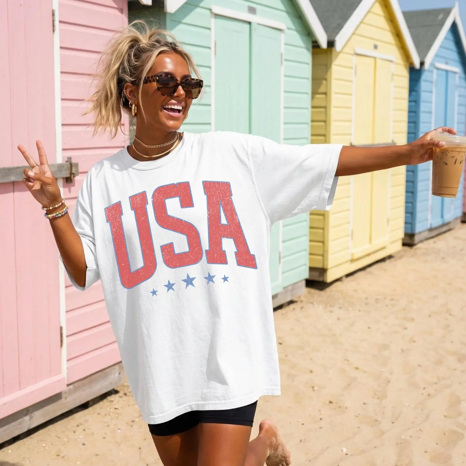 Retro America 4th of July Graphic T-Shirt, Preppy Casual Short-Sleeve Oversized USA Tee, Comfortable Patriotic Aesthetic Sports Top, Shortsleeve, Printed