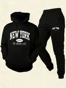 Men's stylish casual two-piece set with New York print, featuring a black hooded sweatshirt and jogger pants. Casual street style, soft and comfortable, perfect for everyday leisure and sportswear.