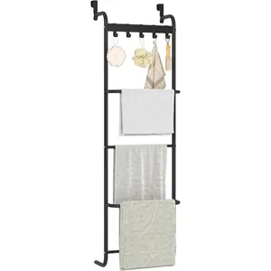 5 Tier Over The Door Towel Racks for Bathroom Wet Towel Drying Rack Clothing Storage Holder with Hooks (Black, 5 Tier)
