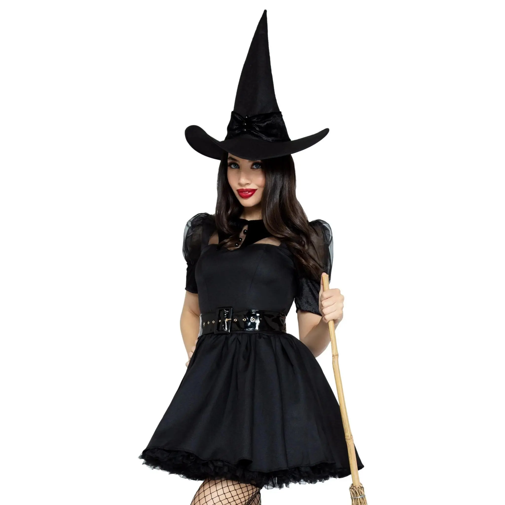 Women's Bewitching Witch Costume - Vintage Glam Style Clothes with Sheer Fishnet Accessories, Witchy Charm Elements, Love, Twist, Gorgeous, Elegance, Collared