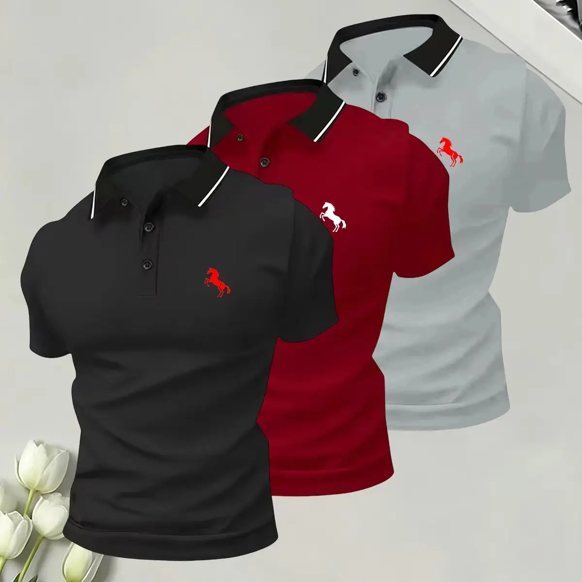 Men’s New Solid-Color Short Sleeve Polo Shirt, Soft Breathable Fabric with Contrasting Collar, Suitable for Outdoor Casual & Business Wear, Essential Everyday Piece, Short Sleeve Shirt