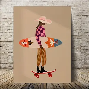 [1pcs] Framed Canvas Painting, Pink Surfer Print Skateboard Beach Art Checkered Pattern Modern Coastal Decor Folk Art Wall Art , 2D Flat, Perfect for Room Decor