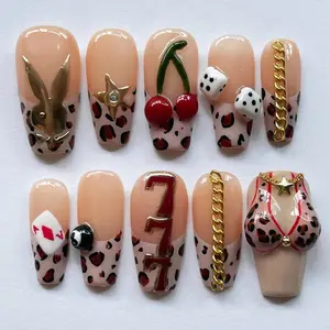 Han-painted Nail Set Features Playful Leopard Print, Unique Casino Theme Press On Nails with Cherry, Dice, Star, Billiards Nails