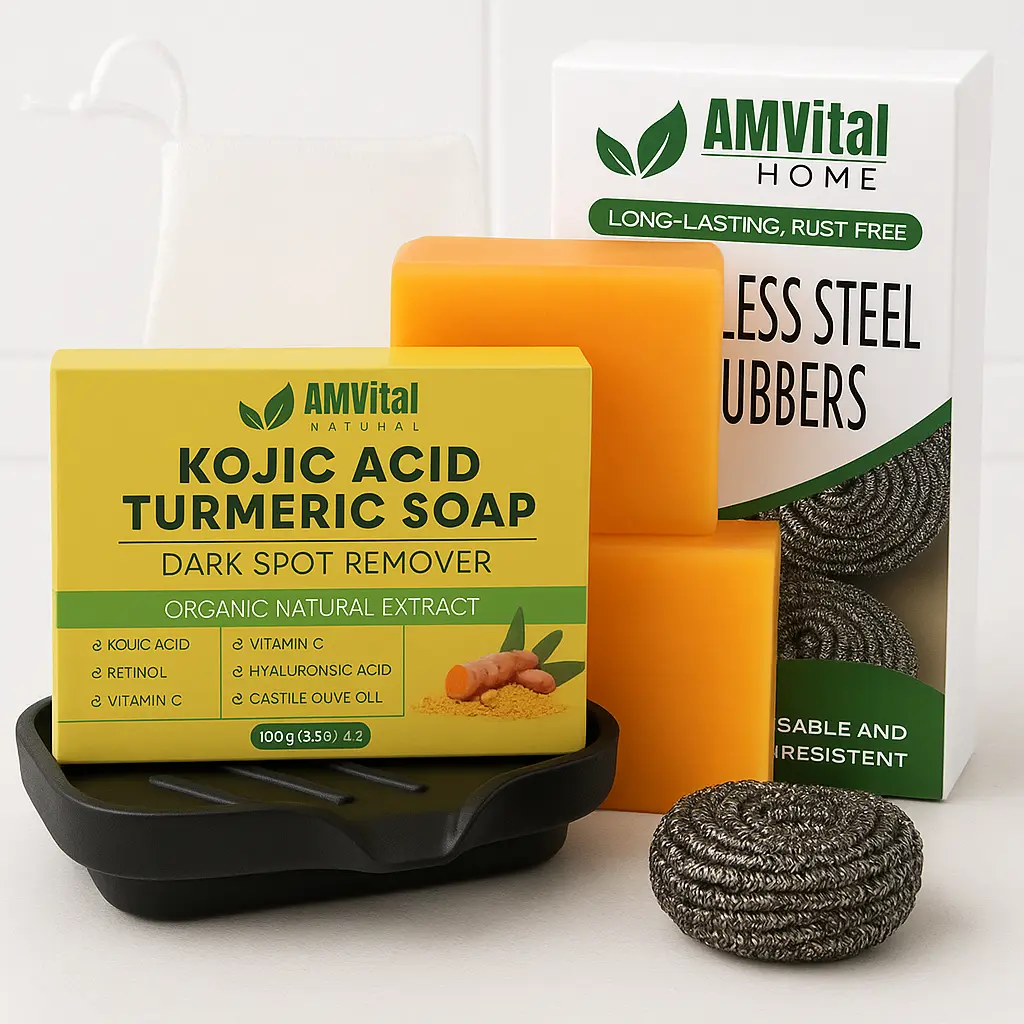 AMVital Kojic Acid Turmeric Blend Cleanser Soap with Vitamin C for Brighter, Smooth Skin - Unisex Body Care Kit with 2 Bars, Soap Dish, 4 Steel Scrubbers, Skin Repair