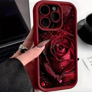 Wine-red water-drop rose ambiance Design-Themed Phone Case, high quality protective phone case, Accessories, suitable for iPhone 17/16/15/14/13/12/11 Pro, Plus, Pro Max, Mini, X, XS,XSMAX, XR and other series, shockproof, lightweight, TPU material.