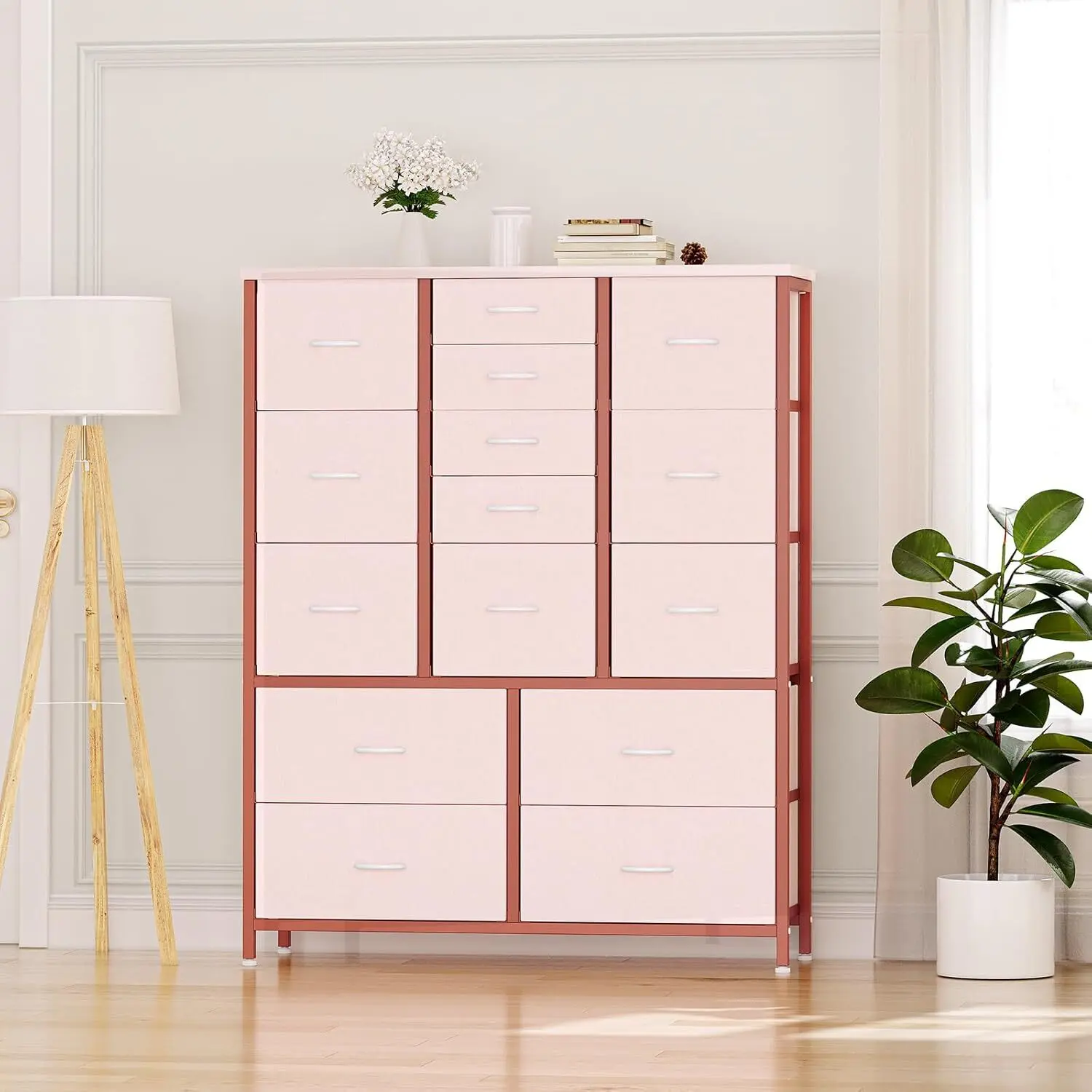 Pink 15-Drawer Tall Fabric Storage Organizer Dresser - Modern Chest Drawers with Wood Tabletop, Sturdy Metal Frame, Apartment Decor, Furniture for Apartment & Studio Spaces, Drawer Organization