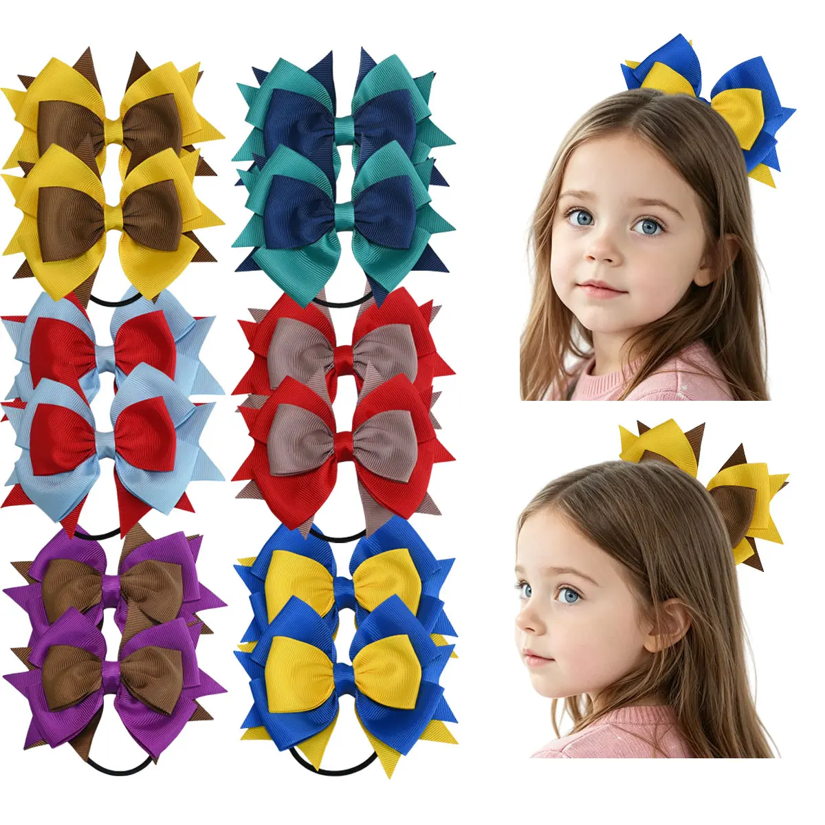 JoyBowie 12pcs Cute Bow Hair Ties for Girls, Double Layer Two Tone Star Point Ribbon Bows, Handmade Ponytail Holders, Soft Elastic Hair Accessories for Toddler Kids, School Outfit Essentials hair clips