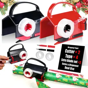 (2-Pack) Wrapping Paper Cutter & Tape Dispenser Dual Use with 4 Tapes，2 Replace Blades Kit for Christmas Gift Wrap Cutter Tool Paper Roll Holder Tube Sliding Slicing for Birthday Holiday.