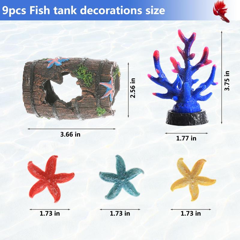 9 PCS Aquarium Artificial Plastic Plants Decorations and Broken Barrel Decor Set Goldfish Betta Fish Tank Accessories Small Large Fish Bowl Ornaments