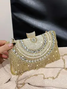 Women's Elegant Rhinestone Decorated Evening Bag, Exquisite Trendy Chain Strap Embellished Clutch Bag, Fashionable Bag for Party Decoration