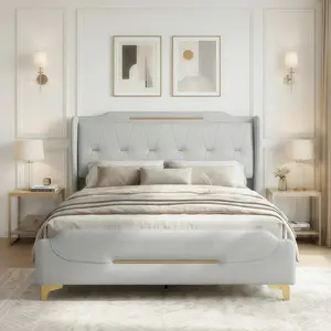 Queen Size PU Leather Bed Frame with Wingback Headboard – Modern Upholstered Platform Bed, No Box Spring Needed, Noise-Free, Easy Assembly, Heavy Duty Mattress Foundation, Grey