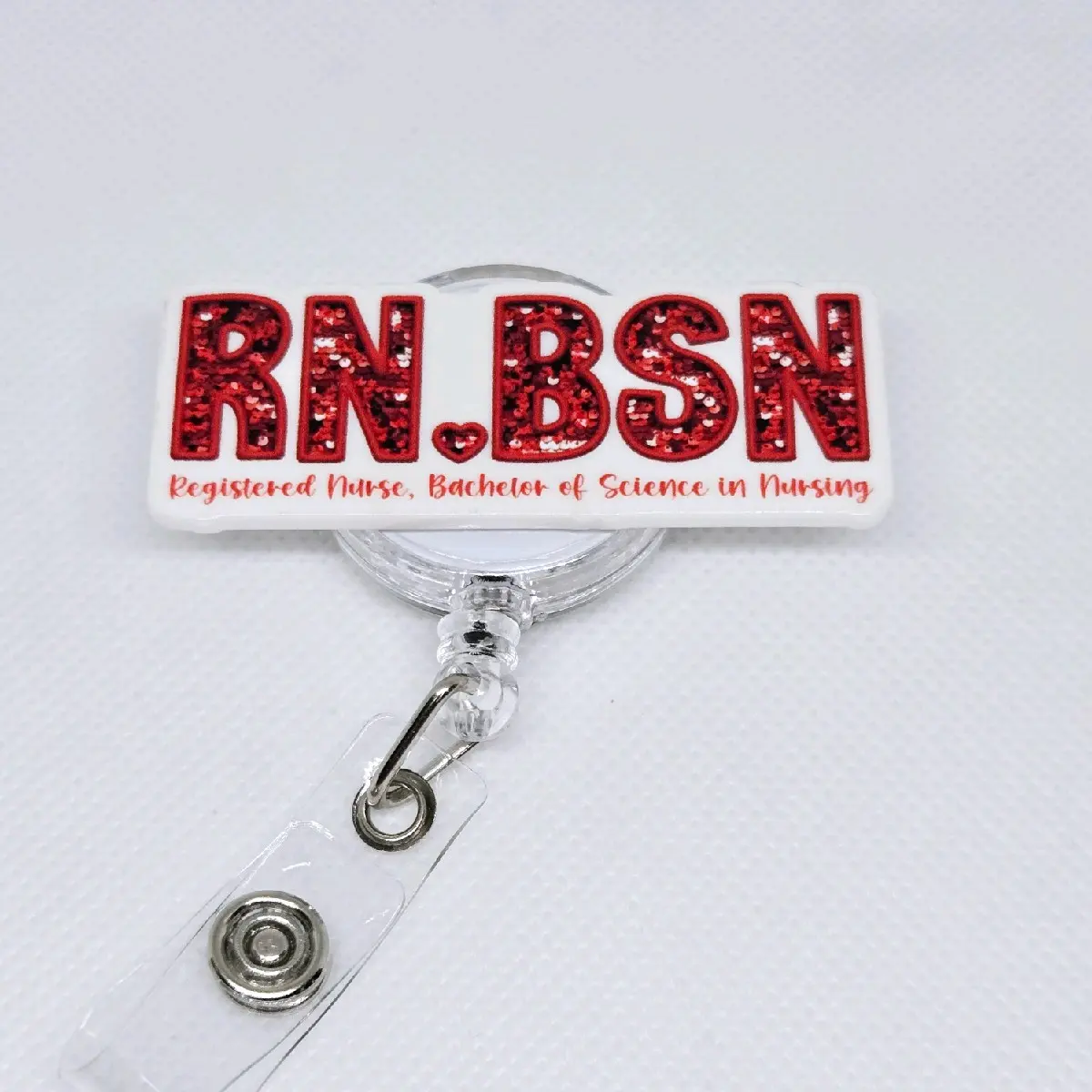 RN BSN Registered Nurse Faux Red Glitter Acrylic Retractable Badge ID Reel Belt or Alligator Clip for Healthcare Worker Id Badge