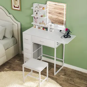 Makeup Vanity Desk with Mirror and Lights, 36.6" Small Makeup Vanity with 4 Fabric Storage Drawer & Chair & Shelves, White Vanity with Fold-up Panel and Power Outlet for Bedroom