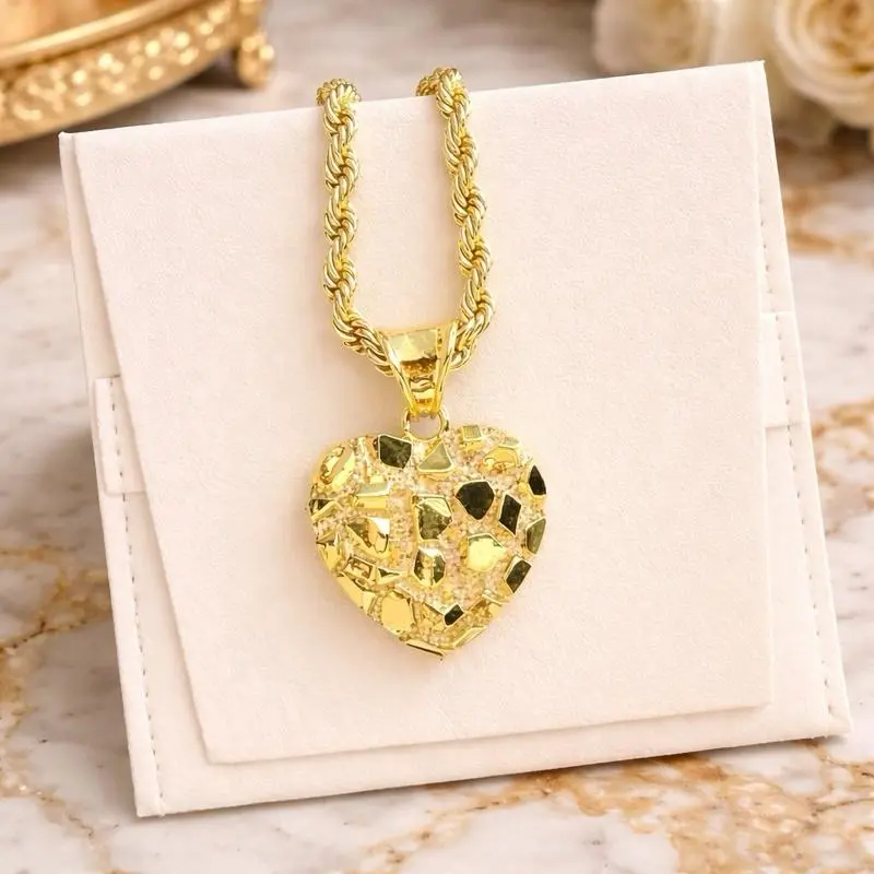 14K Gold Plated Nugget Pendant and Necklace - Textured Heart Minimalist Rope Chain 24" 5mm Pendant 25mm Necklace for Men/Women Unisex Elegant Design