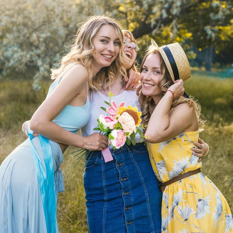 Crochet Flower Bouquet Kit 12 PCS Pink Handmade Knitted Fake Sunflower Rose Daisy for Christmas Mother's Day Birthday Wedding Home Decor Gifts