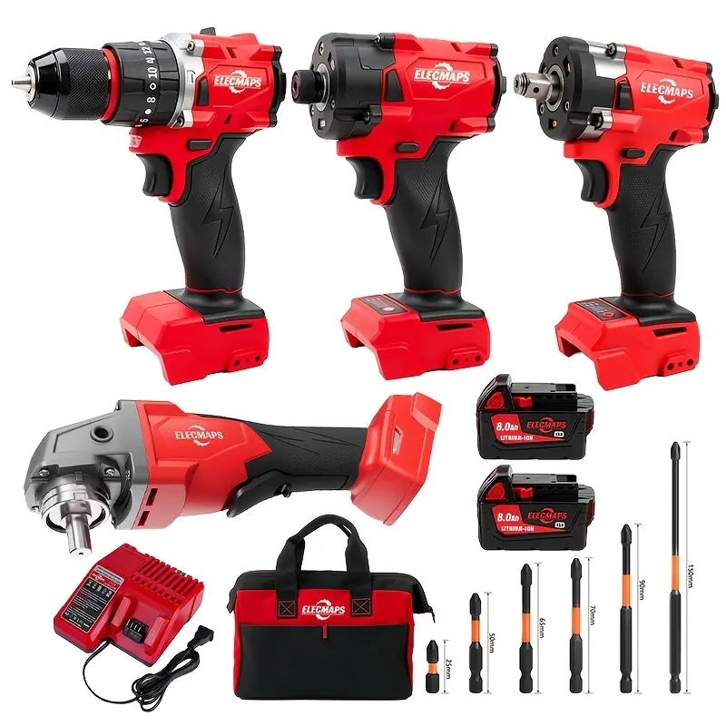 ELECMAPS 18V Cordless Combo Kit - 4-Piece Drill Kit with Wrench, Angle Grinder, Screwdriver for Home Repairs, DIY Projects (DIY Power Tools, Power Drilling Tools)