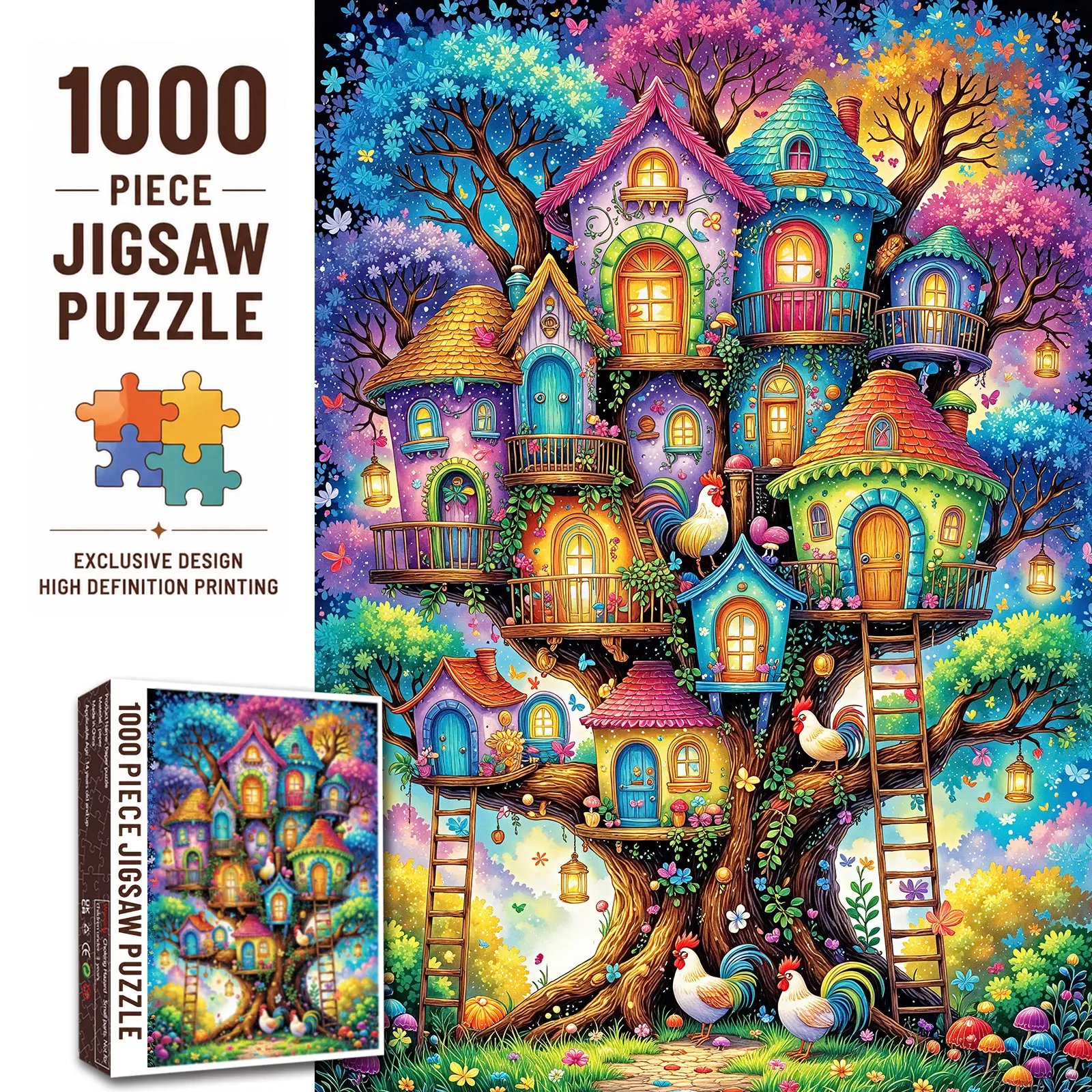 Walarky 1000-Piece Unisex Cute Jigsaw Puzzle Kit, Colorful Roosters & Cottage Fantasy Treehouse Brain Teaser, Family Stress Relief Game, Wall Decor Gift, 27.5x20in (70x50cm), Cute Jigsaw Puzzles