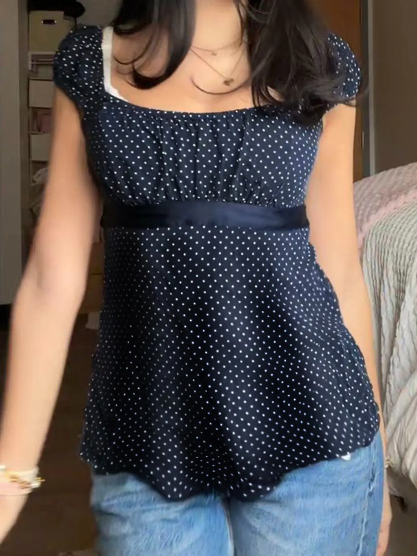 Sweet Style Deep Blue Polka Dot Print High Waist Fitted Short Sleeve Lady Casual Chic Top, Back Ribbon Bow Tie Waist Cinching Doll Shirt Blouses Shirts Tops