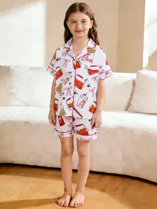 2-piece set of children's clothing, girls' white background, full body bow, fried chicken, milk cap, star print pattern, short sleeved shorts, soft top, small pocket, elastic waistband, home pajamas set, Cartoon Print Pajama, Pajama outfit