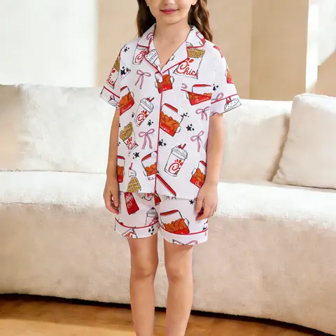 2-Piece Set Girls Graphic Pajama Set, Potato Chips & Fried Chicken Print, Soft Short Sleeve Pocket Top & Elastic Waist Shorts, Kids Homewear, Pj Sets