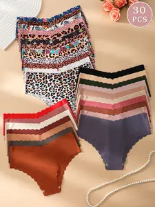 30 Pcs Seamless Slim Fit Wave Edge Women's Triangle Panties, Multi-Color Printed Low Waist Comfortable Breathable Daily Underwear, Seamless Breathable Design