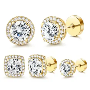 Luxury Halo Zircon Stud Earrings 4-Pack, Gold & Silver Round/Square Styles, Hypoallergenic Copper-Plated, Comfortable Daily Wear, Versatile Fashion Accessories for Women & Adults, Jewelry Box Included, Birthday Gifts for GF
