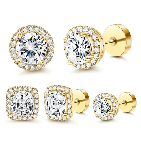 YLNWH Luxury Halo Zircon Stud Earrings 4-Pack, Gold & Silver Round/Square Styles, Hypoallergenic Copper-Plated, Comfortable Daily Wear, Versatile Fashion Accessories for Women & Adults, Jewelry Box Included, Birthday Gifts for GF