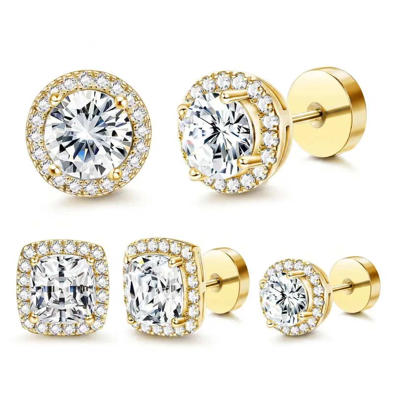 YLNWH Luxury Halo Zircon Stud Earrings 4-Pack, Gold & Silver Round/Square Styles, Hypoallergenic Copper-Plated, Comfortable Daily Wear, Versatile Fashion Accessories for Women & Adults, Jewelry Box Included, Birthday Gifts for GF