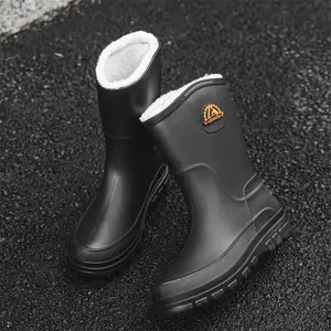 Men'S High-Quality Winter Rain Boots |   Non-Slip Rubber Sole, Warm, Mid-Calf/Over-Knee Compatible, Adjustable, PU Material, Elastic Fit, Suitable for All-Weather Grip, Heavy-Duty Casual Boots, Suitable for Snow, Rain, Mud, Black