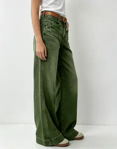 Women's High-Waisted Stretchy Wide-Leg Denim Jeans - Casual Womenswear Bottom with Trendy Seamed Front, Jean