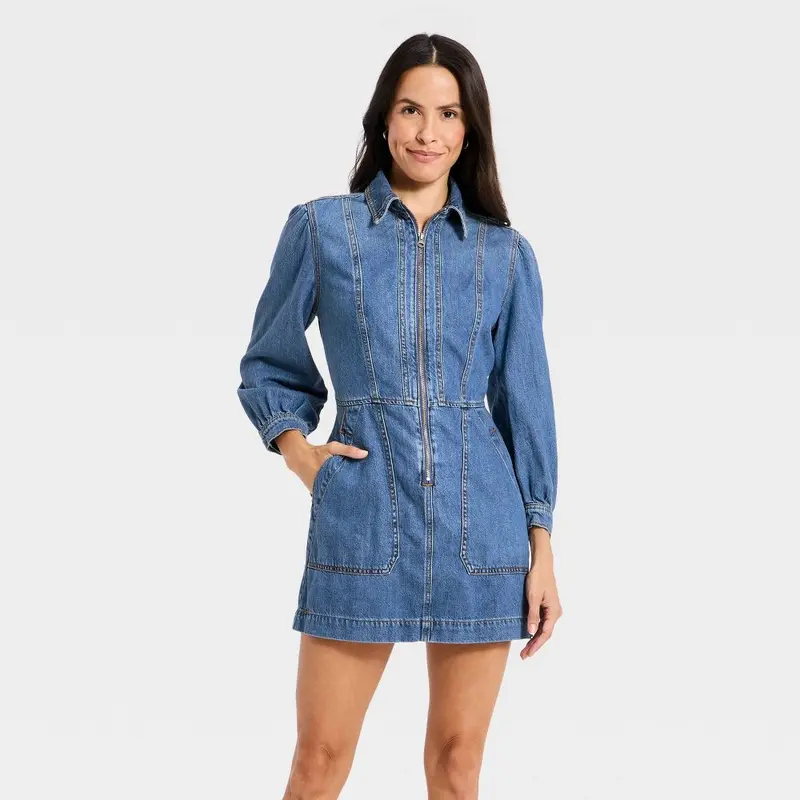 white christmas dresses Flocked Denim Secretary Dress 100% Cotton