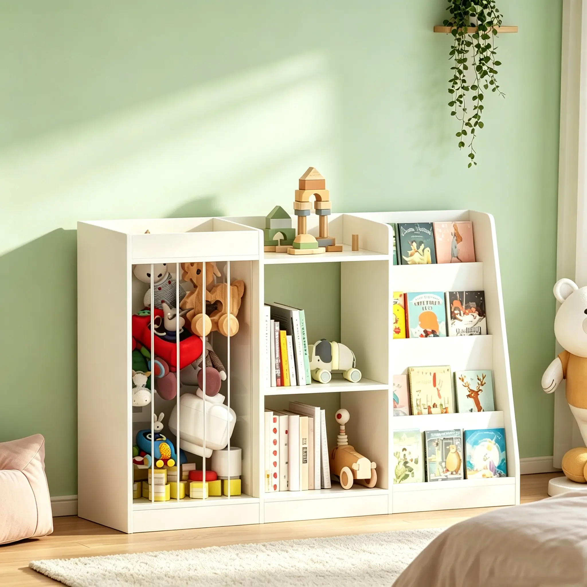 3-in-1  Bookshelf and Toy Storage, 4-Tier Book Shelf for Kids Rooms, Sling Baby Bookcase with Stuffed Animal Storage, Toddler Montessori Bookshelf for Nursery, Playroom, Kindergarten, White