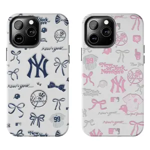 New York Yankees Coquette Bow Aesthetic Case for iPhone 17-7 Pro Max Plus, Samsung Galaxy S25-S21 Ultra Plus - MLB Baseball Girly Pink & Navy Ribbon Phone Cover Unisex