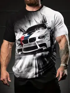 Bmw Racing Print Men's Short Sleeve Round Neck T-Shirt, Casual Trendy Sports Tee, Graphic Long Fitted H-Type, All Seasons Wear