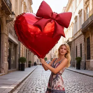 3 Piece Large Heart Aluminum Foil Balloons Set, Includes 32 Inch Heart Balloon, Bow Shape Balloon, Tape, Perfect for Parties and Events