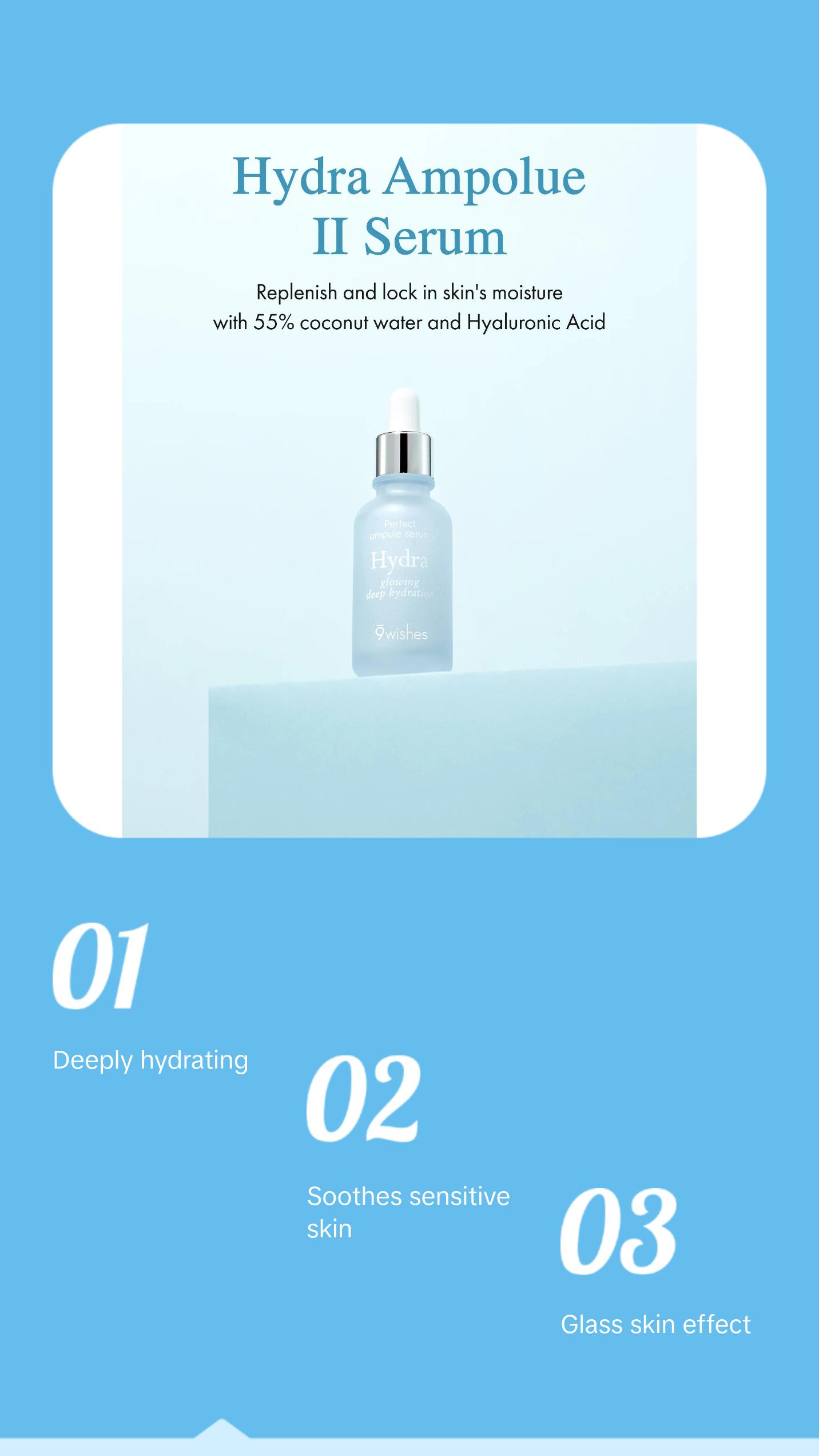 9 Wishes Hydra Ampoule Serum II (1.01 Fl. Oz.) Hyaluronic Acid and Coconut Water, Glass Skin Effect, Soothing