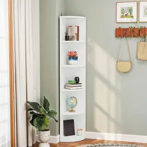 71" Tall 5-Tier Corner Shelf Wooden Bookcase Bookshelf With 5 Shelves Wooden Open Storage Book Shelves For Living Room, Home Office, White