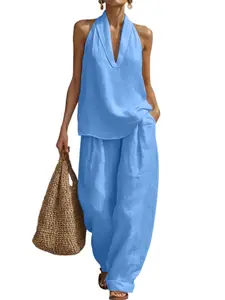 Y2K Vacation 2-Piece, Sexy Halter Backless Top, Loose Pocket Pants Set, Trendy Summer Fashion, Comfortable and Stylish
