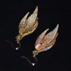 Real Preserved Leaf Asymmetric Earrings, Nature Inspired Earrings with Jade, Celebrity Style Botanical Jewelry