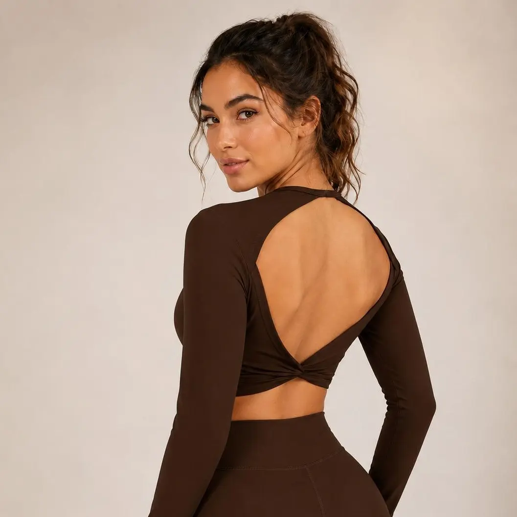 Twist Open Back Long Sleeve Crop Top, 75% Nylon 25% Spandex Quick Dry Slim Fit Yoga Workout Top for Women