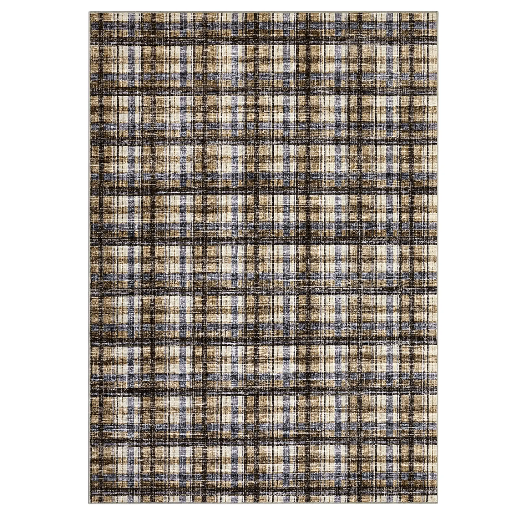 Garvee Washable Modern Farmhouse Plaid Area Rug - Soft Low-Pile, mark-Resistant, Non-Slip Backing, collapsible Indoor Floor Carpet for Living Room Bedroom Dining Office - Blue/Green/Brown