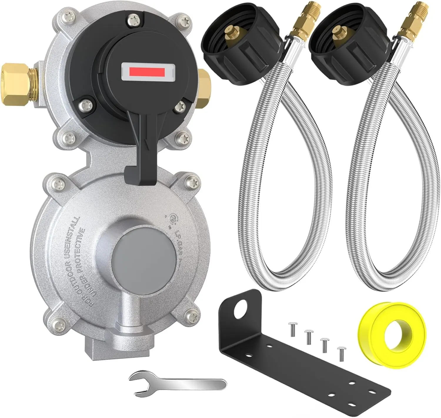 2-Stage Automatic Changeover LP  Gas Regulator with Two 18" RV Pigtail  Hoses, CSA Certification, Braided QCC1 1/4" Inverted Male Flare  LP Gas Regulator for RV Camper Trailer