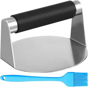 Smash Burger Press Stainless Steel Burger Press Burger Smasher Non Stick Grill Press with Silicone Brush for BBQ, Flat Top Griddle & Grill Cooking, Dishwasher Safe