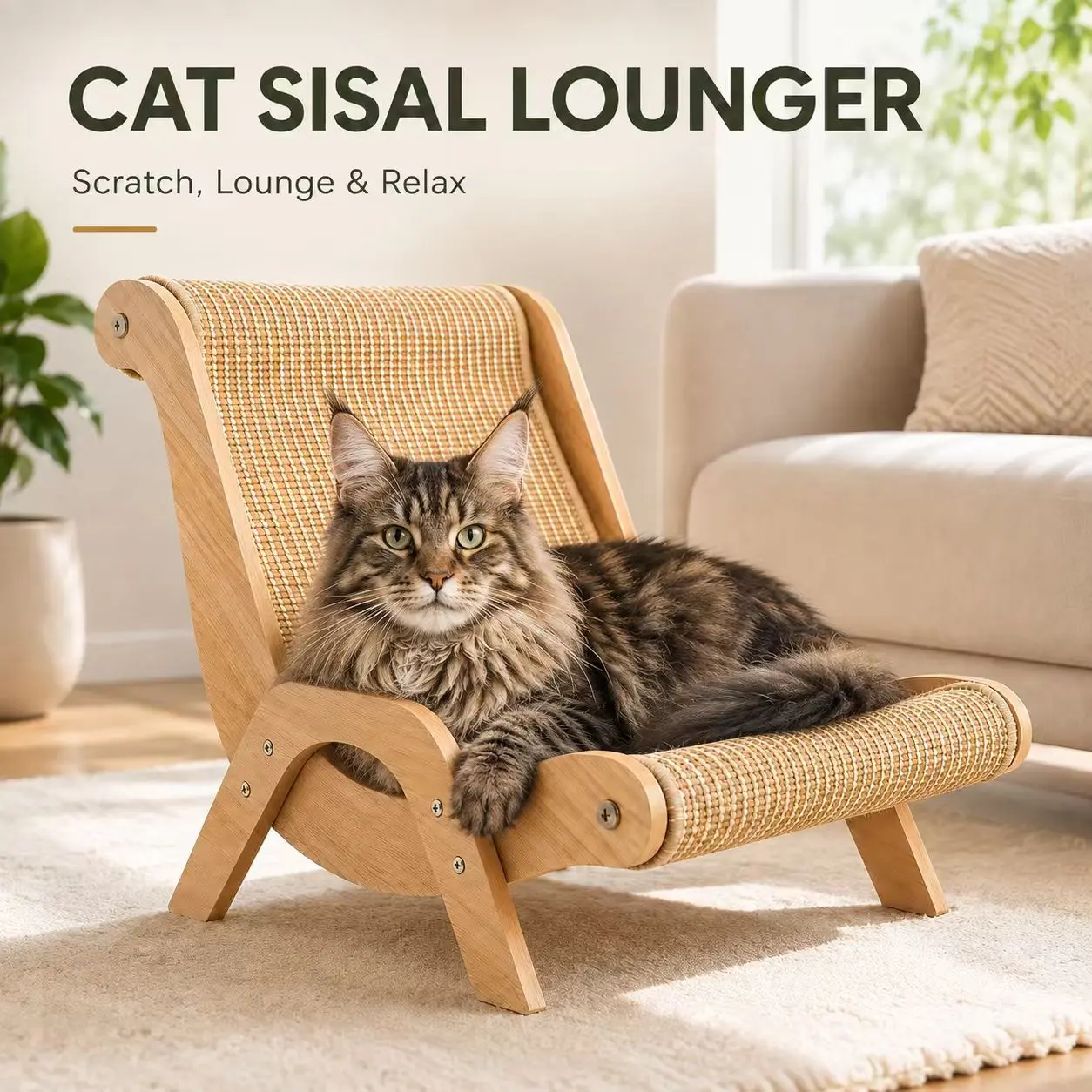 Extra Large Classic Cat Scratching Lounge - Multi-Layer Solid Wood Natural Sisal Scratcher, Chew-Resistant Cat Bed, 20lb Capacity Furniture Protector, Durable, Ideal for Napping & Playing, All-Season Use