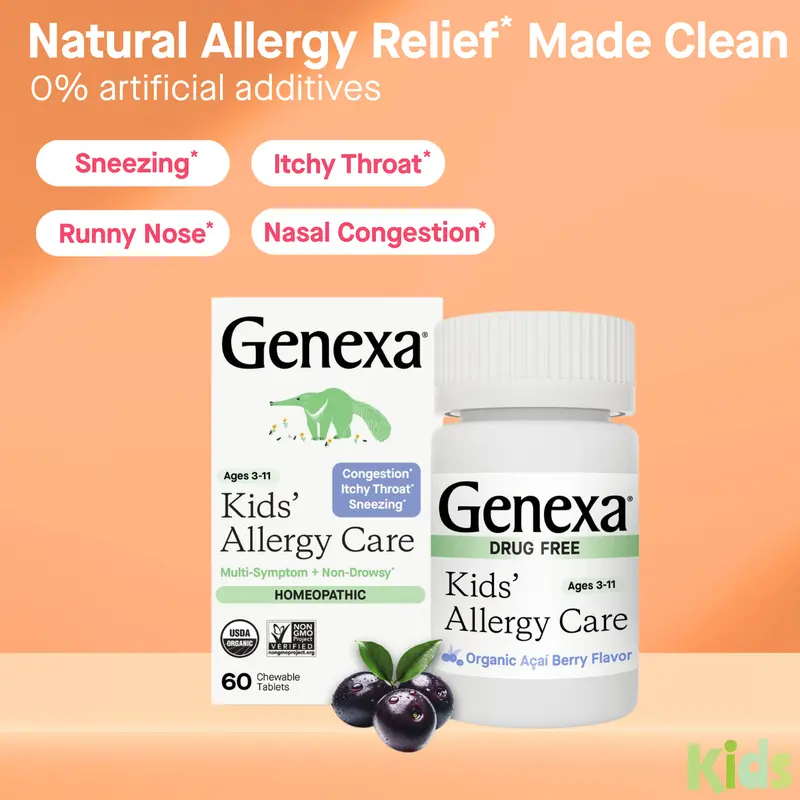 Genexa Kids Allergy Care | Drug Free, Non-Drowsy Children's Allergy & Decongestant Remedy | Vegan & Non-GMO | Homeopathic Relief Made Clean | Delicious Organic Acai Berry Flavor | Chewable Tablets Ages 3-11