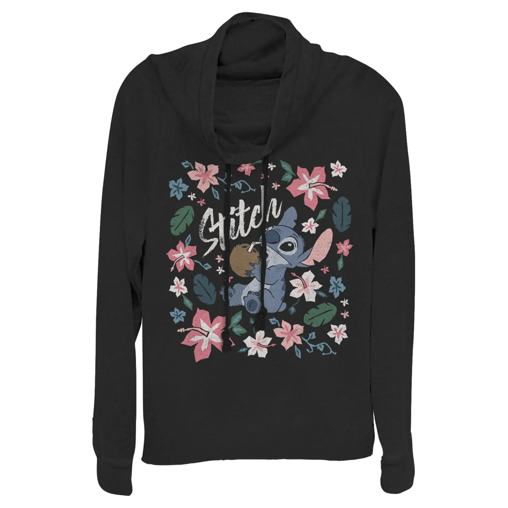 Junior's Lilo & Stitch Flowers and a Coconut Cowl Neck Sweatshirt