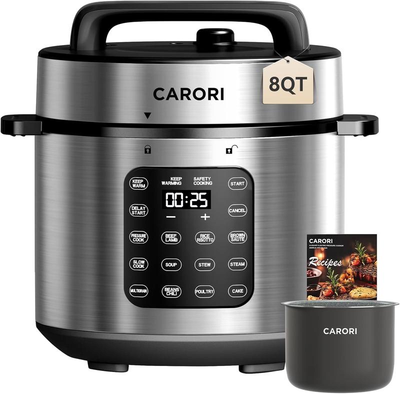 CARORI 9-in-1 Electric Pressure Cooker 1000W 8 Qt Instant Multi-Cooker with IMD Touchscreen Non-Stick Pot Rice Cook Slow Cook Steamer Sauté Warmer Safe Venting Silver